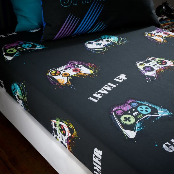 Черен еластичен единичен детски чаршаф 90x190 cm Game Over – Catherine Lansfield-image-1