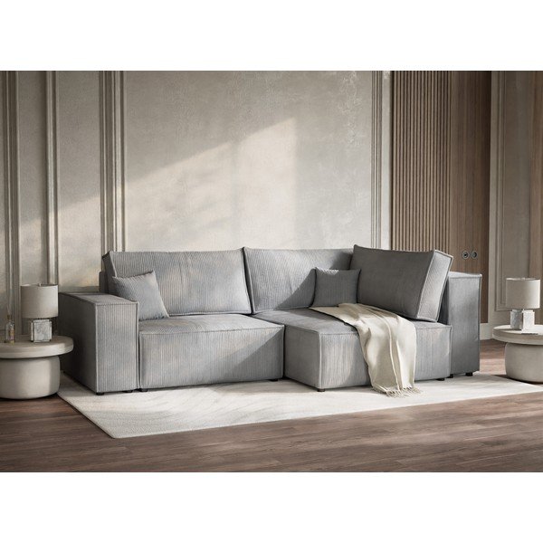 Сив сгъваем/с място за съхранение ъглов диван от рипсено кадифе (десен ъгъл/L форма) Tonga – Maison de Rêve-image-4