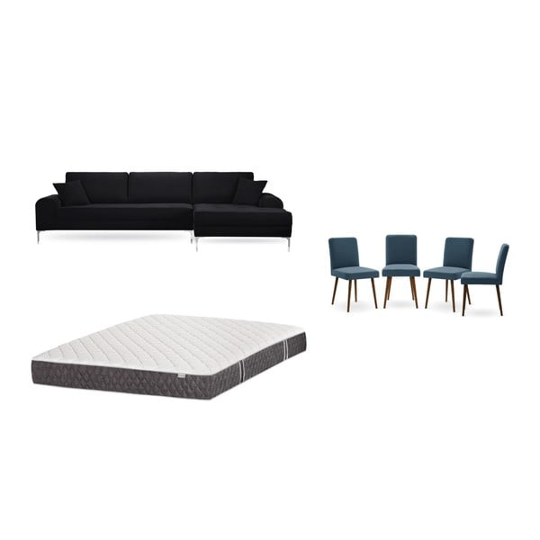 Комплект от черен диван с мързелива масичка вдясно, 4 сини стола и матрак 160 x 200 cm - Home Essentials