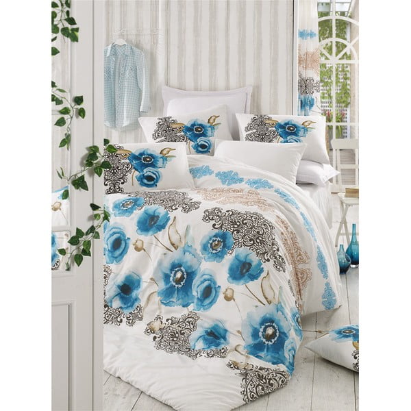 Бяло и синьо памучно спално бельо за единично легло 140x200 cm Merve - Mijolnir