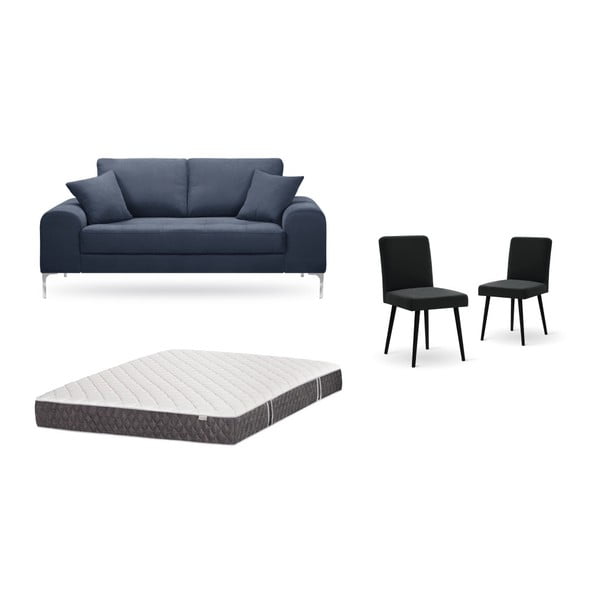Комплект от двуместен тъмносин диван, 2 черни стола и матрак 140 x 200 cm - Home Essentials