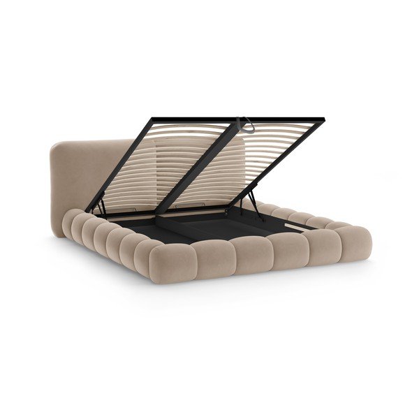 Светлокафяво тапицирано двойно легло с място за съхранение и включена подматрачна рамка 160x200 cm Solange – Micadoni -image-2