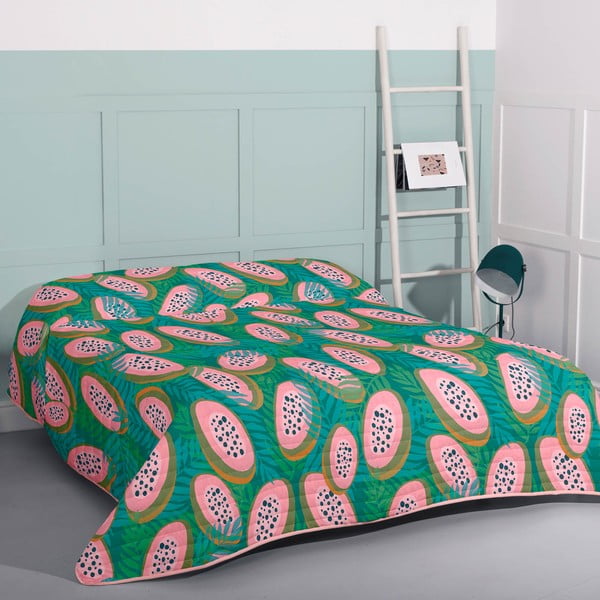 Зелено-розова ватирана покривка за легло 270x260 cm Papaya - Aware