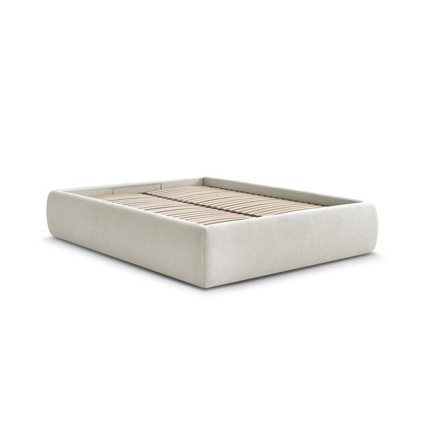 Бежово тапицирано двойно легло без табла с място за съхранение и включена подматрачна рамка 160x200 cm Inera – Bobochic Paris