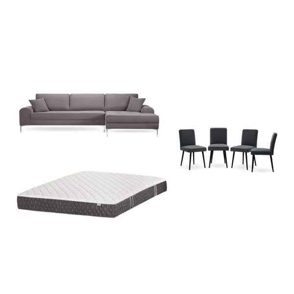 Комплект от кафяв диван с мързелив диван отдясно, 4 антрацитно сиви стола и матрак 160 x 200 cm - Home Essentials