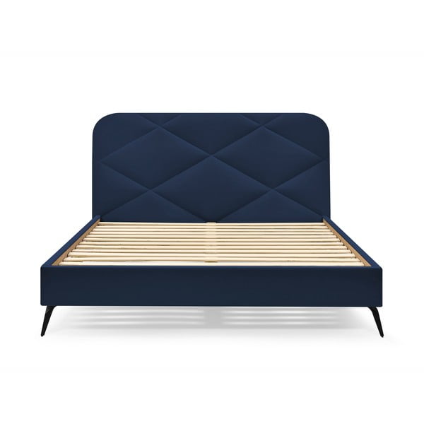 Тъмносиньо тапицирано двойно легло с включена подматрачна рамка 160x200 cm Prune – Bobochic Paris-image-3