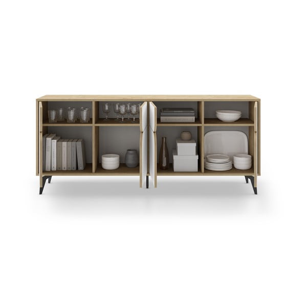 Нисък скрин с дъбов декор в бял и естествен цвят 185x79 cm Nola - Marckeric-image-3