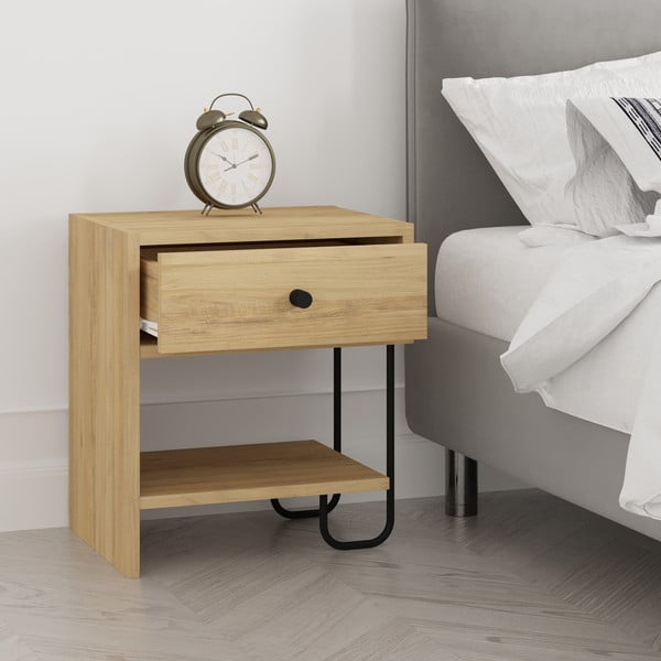 Нощно шкафче в дъбов декор с рафтове в естествен цвят Saturne - Marckeric-image-3