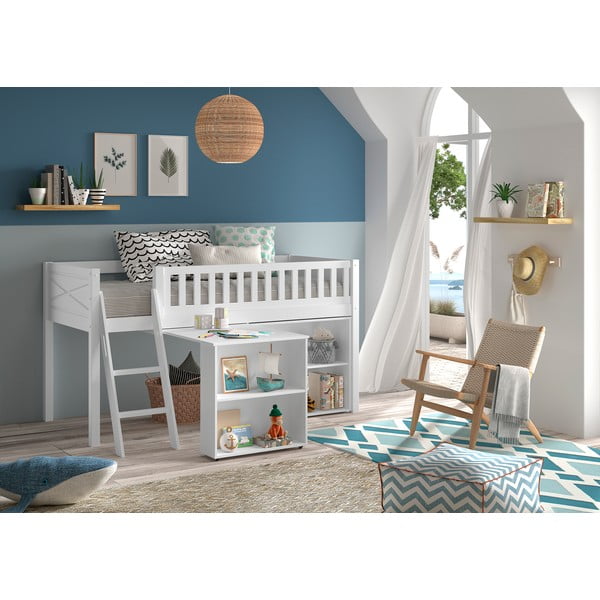 Бяло повдигнато детско легло от масивен бор с място за съхранение 90x200 cm SCOTT – Vipack-image-1