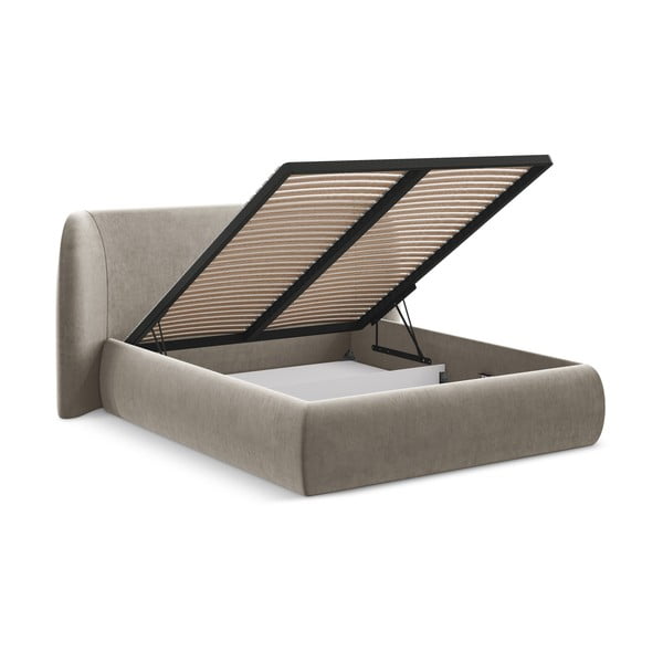 Двойно легло кафяво-сиво тапицирано с място за съхранение и включена подматрачна рамка 180x200 cm Hauke – Makamii-image-2