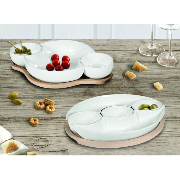 Комплект от 5 бели порцеланови купи за сервиране върху бамбукова табла Plait - Brandani-image-1