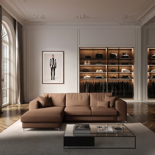 Кафяв кадифен разтегателен ъглов диван с място за съхранение (ляв ъгъл) Rene – Rodier-image-1