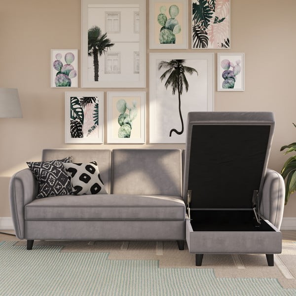 Сив кадифен сгъваем ъглов диван Perry – Støraa-image-1