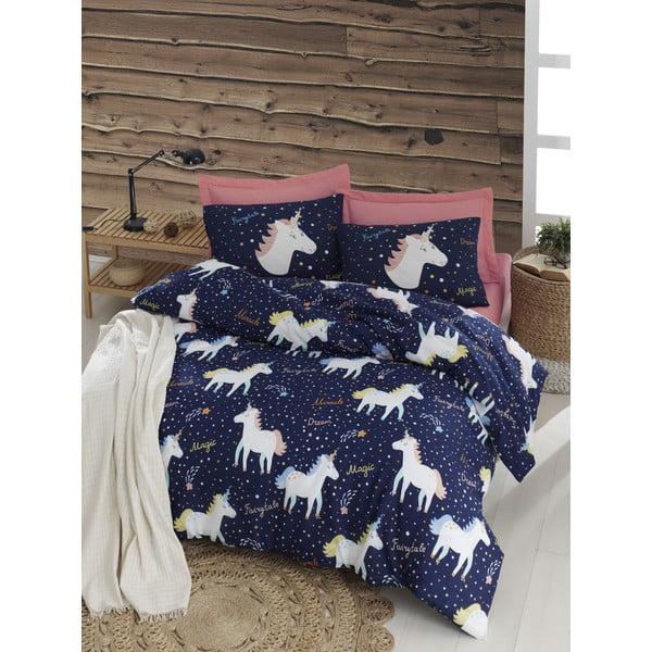Спално бельо с чаршаф Eponj Home Magic Unicorn Dark Blue, 200 x 220 cm - Mijolnir