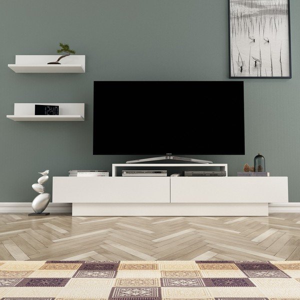 Комплект от бяла маса за телевизор и 2 стенни рафта TV White Lucca - Zena Home-image-1