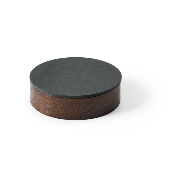 Дървена декоративна кутия за съхранение от еко кожа с капак в антрацитен и кафяв цвят ø 11x3,5 cm Circle Nupo – LIND DNA