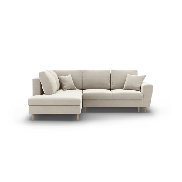 Бежов кадифен разтегателен ъглов диван с място за съхранение (ляв ъгъл/L форма) Kyoto – Cosmopolitan Design