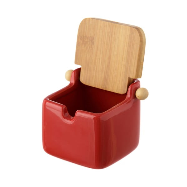 Буркан за сол от червен фаянс с бамбуков капак , 250 ml - Casa Selección-image-1