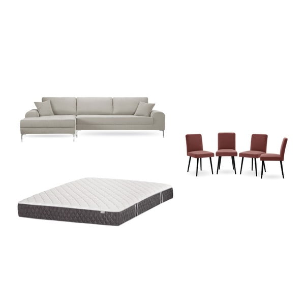 Комплект от кремав диван с ляво кресло, 4 тухленочервени стола и матрак 160 x 200 cm - Home Essentials