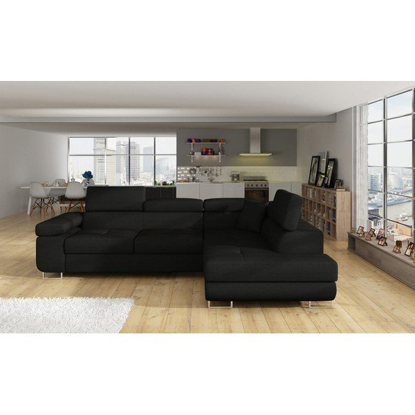 Черен разтегателен ъглов диван с място за съхранение (десен ъгъл L форма) Anton – ELTAP-image-1