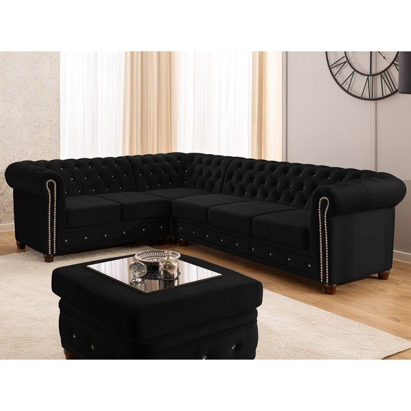 Черен кадифен сгъваем ъглов диван (ляв ъгъл/L форма) York Blik – Ropez-image-4