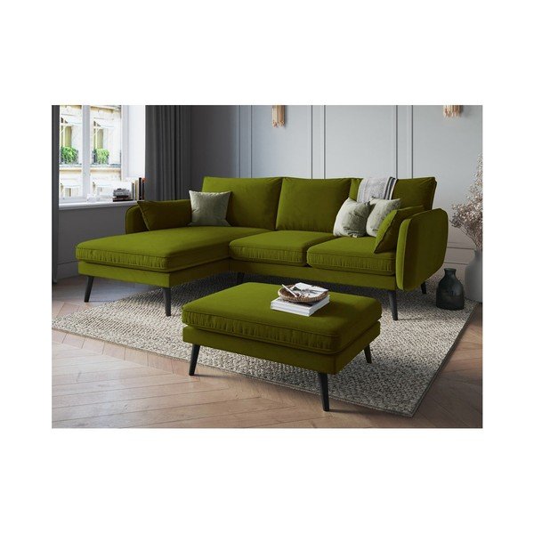 Табуретка за крака от зелено кадифе с черни крака Lento - Kooko Home-image-4