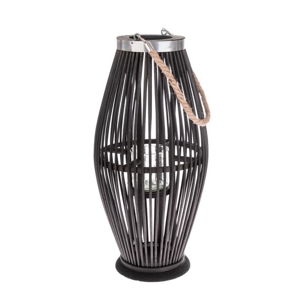 Фенер от черно стъкло с бамбукова структура, височина 49 cm - Dakls