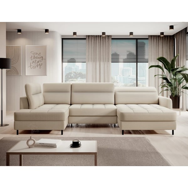 Бежов кадифен разтегателен ъглов диван с място за съхранение (ляв ъгъл U форма) Berrto – ELTAP-image-1