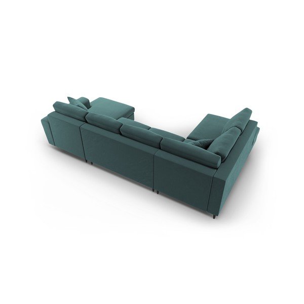 Кадифен разтегателен ъглов диван с място за съхранение в петролен цвят (ляв ъгъл/U форма) Kyoto – Cosmopolitan Design-image-4