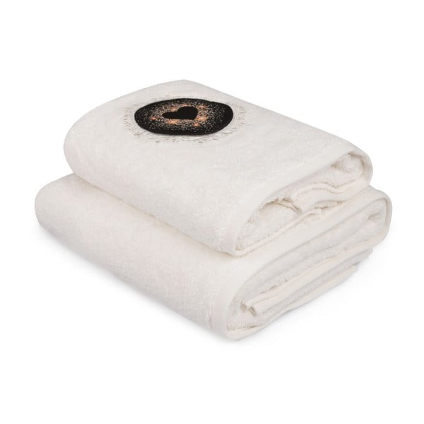Комплект от бяла хавлиена кърпа и бяла кърпа за баня с цветни детайли Espérance - Foutastic