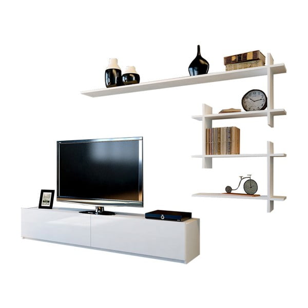 Комплект от бял шкаф за телевизор и стенен рафт Ahenk - Woody Fashion