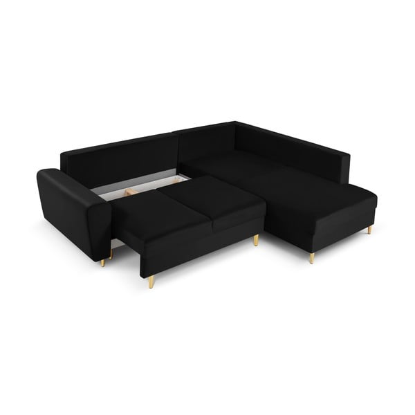 Черен кадифен разтегателен ъглов диван с място за съхранение (десен ъгъл/L форма) Kyoto – Cosmopolitan Design-image-3