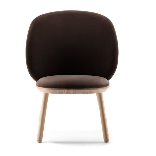 Тъмнокафяво кадифено кресло със структура от ясенова дървесина и кожени детайли Naïve - EMKO