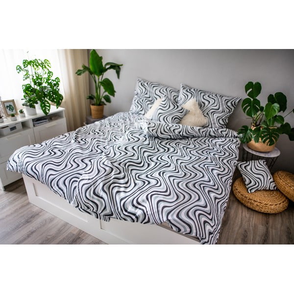 Черно-бяло памучно спално бельо от сатен Waves, 140 x 200 cm Ema - Cotton House