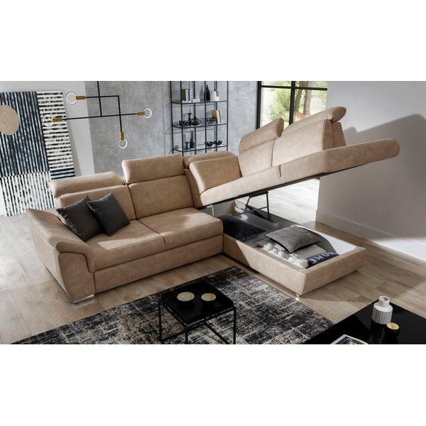 Бежов кадифен разтегателен ъглов диван с място за съхранение (десен ъгъл L форма) Loreto – ELTAP-image-3