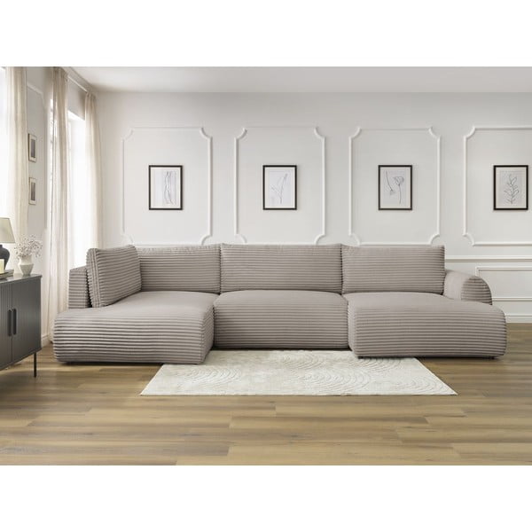 Светлосив/бежов сгъваем/с място за съхранение ъглов диван от рипсено кадифе (ляв ъгъл/U форма) Lucien – Bobochic Paris-image-1