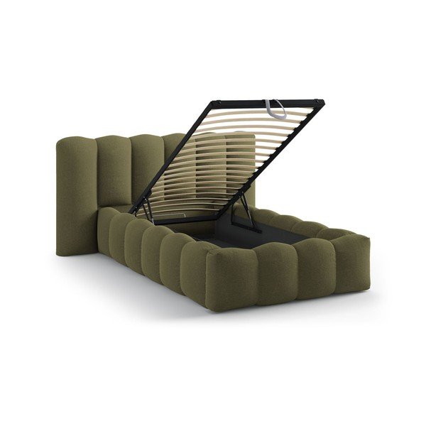 Единично легло 90x200 cm тапицирано с място за съхранение с включена подматрачна рамка в цвят каки Lupine – Micadoni -image-1