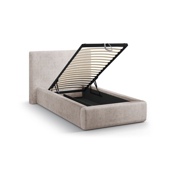 Бежово единично легло 90x200 cm тапицирано с място за съхранение с включена подматрачна рамка Amy – Micadoni -image-1