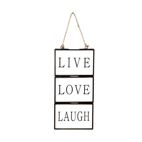 Skleněná tabulka s nápisem Live, Love, Laugh