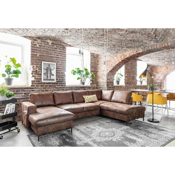 Кафяв U-образен разтегателен диван с имитация на кожа Vintage, десен ъгъл Lofty Lilly - Miuform-image-3