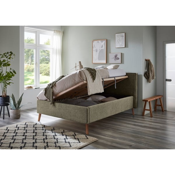 Тъмнозелено двойно легло 140x200 cm тапицирано с място за съхранение с включена подматрачна рамка Riva – Meise Möbel-image-3