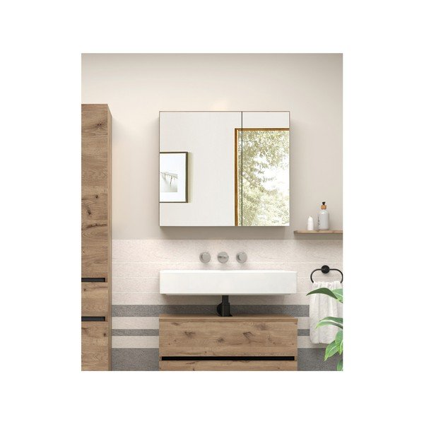 Стенен шкаф за баня с огледало от декор от дъб  в естествен цвят 80x70 cm Wisla – Støraa-image-3