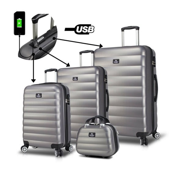 Комплект от 3 сиви куфара за пътуване на колелца с USB портове и ръчен куфар My Valice RESSO Travel Set - Myvalice