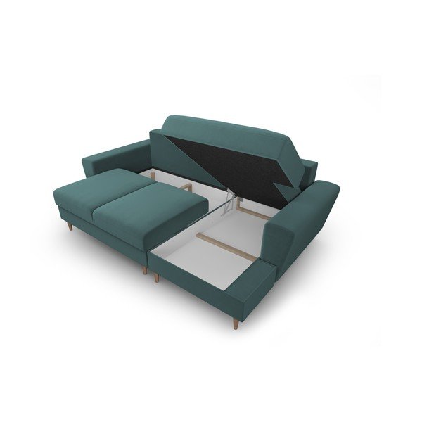 Кадифен разтегателен ъглов диван с място за съхранение в петролен цвят (десен ъгъл) Kyoto – Cosmopolitan Design-image-3