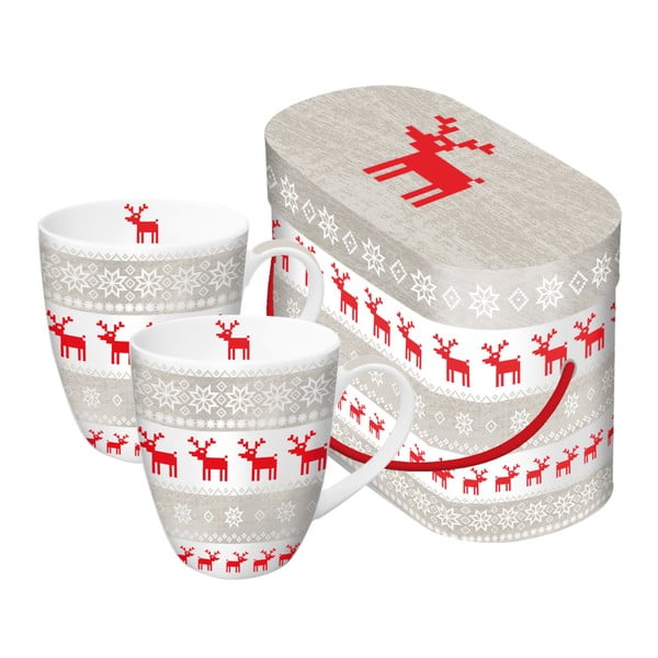 Комплект от 2 чаши от костен порцелан с коледен мотив в кутия за подаръци Magic Christmas Taupe, 350 ml - PPD