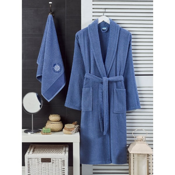 Син памучен халат за баня и кърпа в комплект размер S/M – Mila Home