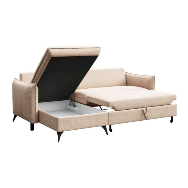 Бежов разтегателен ъглов диван с място за съхранение от букле (ляв ъгъл) Brim – Rodier-image-3