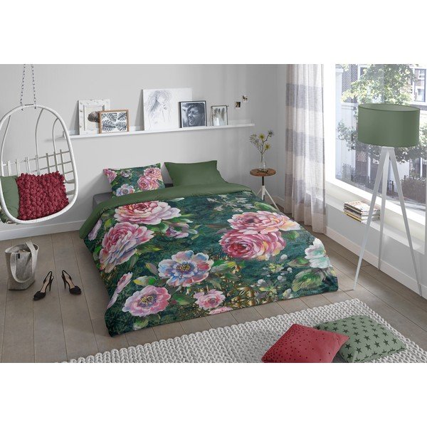 Зелено единично удължено памучно спално бельо 140x220 cm Fleur – Good Morning-image-1