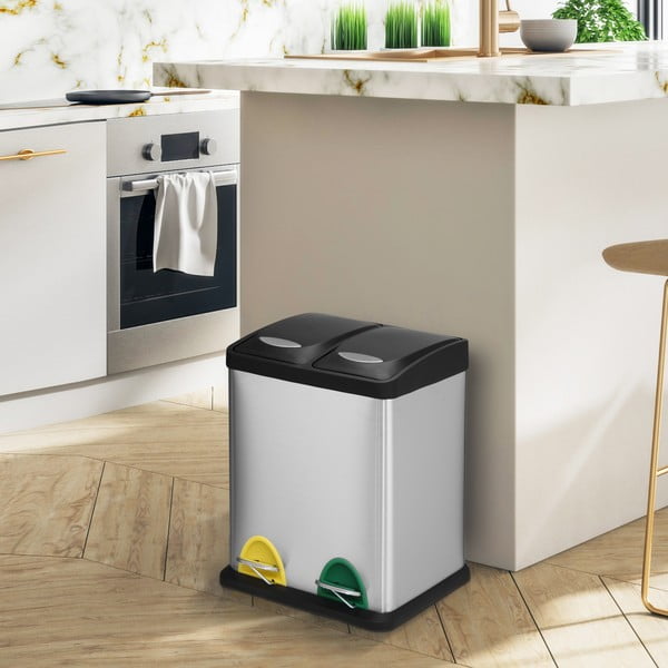 Стоманено кошче за боклук за рециклиране с педал в матово сребрист цвят 2x8 l Tri Selectif – MSV-image-1