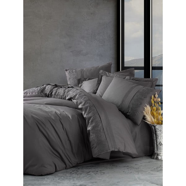Тъмно сиво памучно спално бельо с чаршаф Cotton Box , 200 x 220 cm Enzo - Mijolnir